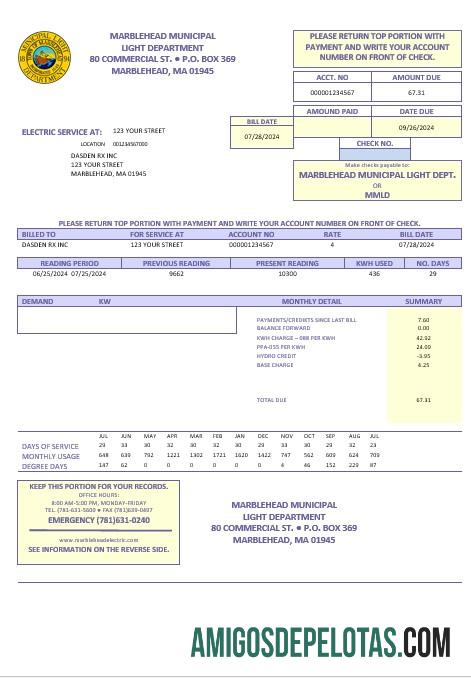 Para baixar modelo de conta de serviços públicos do Departamento Municipal de Luz dos EUA Marblehead em formatos Word e PDF